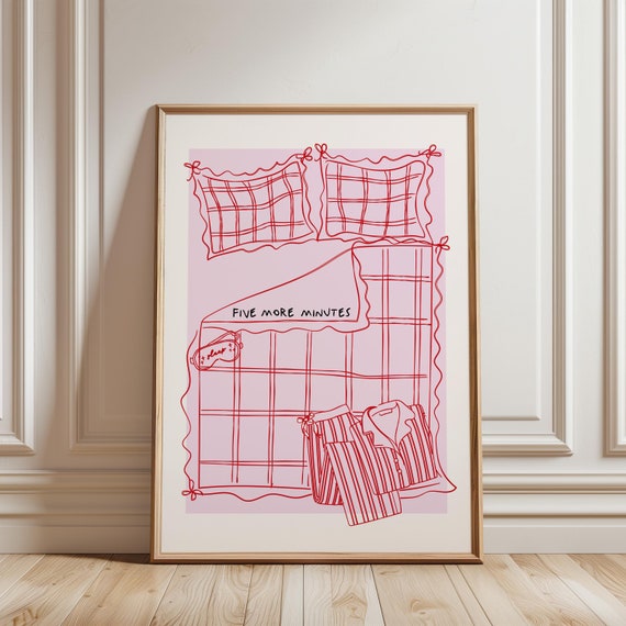Five More Minutes Print, Above Bed Wall Print, Stay in Bed Pink Print, Aesthetic Bedroom Poster, Girly Dorm Room Decor, Homebody Wall Art