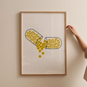 Trendy Funky Wandkunst, Happy Pills Poster, Schlafzimmer Dekor, Y2K Kunstdruck, Trendy Wandkunst, Ästhetisches Lächeln Druck, Girly Wandkunst