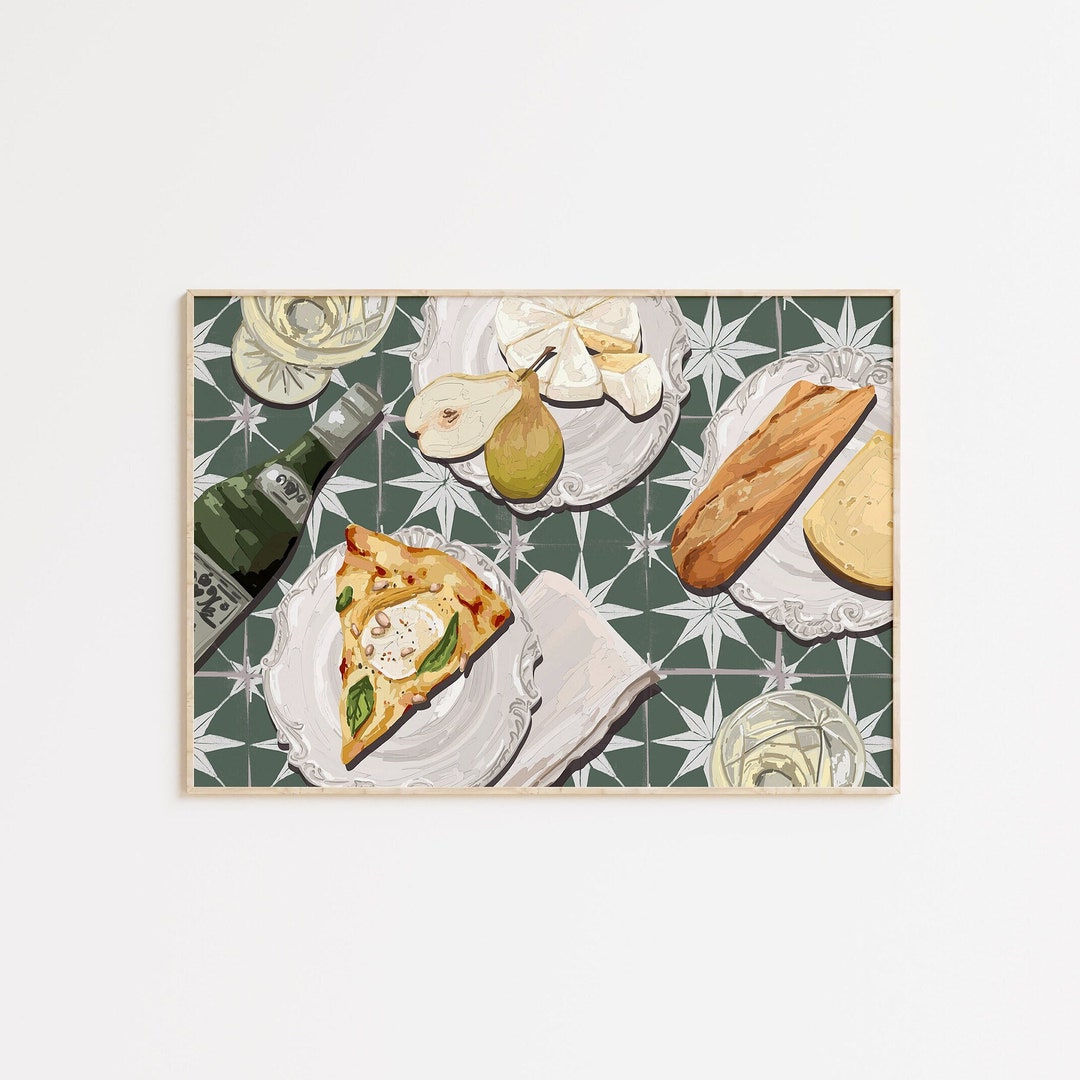 food photography canvas print: kitchen & restaurant... Pizza and Wine Kitchen Print, Green Tile Decor (digital Download) - Etsy