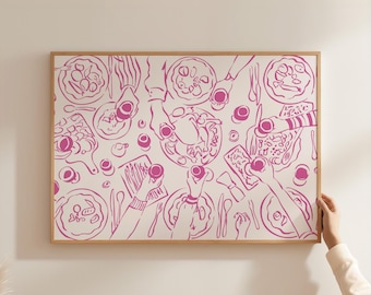 Impresión de fiesta en la mesa del comedor, arte retro para la pared de la cocina, póster con ilustración de comida rosa (descarga digital)