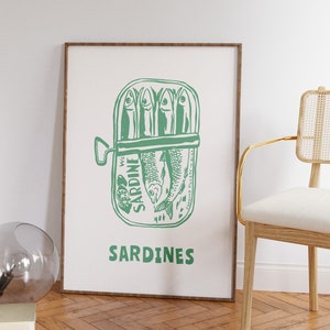 May include: A green and white illustration of a can of sardines. The can has a label that says "SARDINE" and "SARDINES".