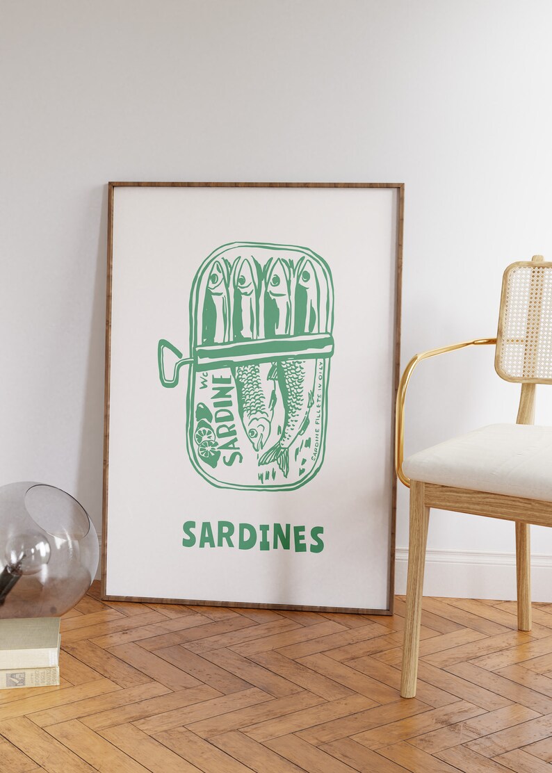 May include: A green and white illustration of a can of sardines. The can has a label that says "SARDINE" and "SARDINES".