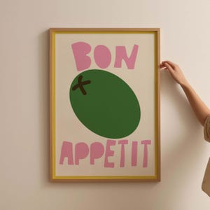 Stampa "Bon Appetit Olive", stampa da parete alla moda per la cucina, poster da cucina con citazione francese, stampa di cibo, poster da cucina con parole, stampa divertente per la cucina