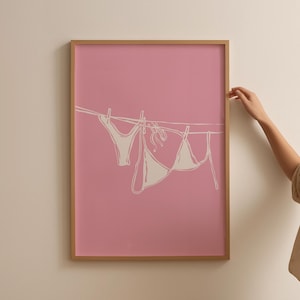 Bikini Hanging Poster Pink Bikini On Clothesline Print Bathing Suit Poster Aesthetic Dorm Room Print, Trendy Coastal Poster Laundry Room Art