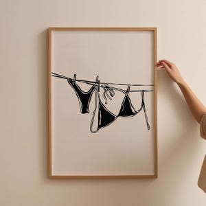 Bikini Hanging Poster Black Bikini On Clothesline Print Bathing Suit Print Aesthetic Dorm Room Print, Trendy Coastal Poster Laundry Room Art
