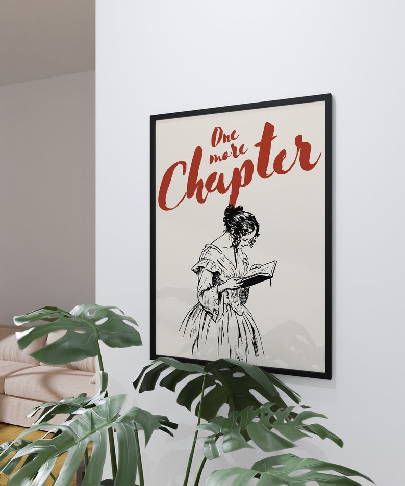May include: Black and white illustration of a woman reading a book with the text "One more Chapter" in red lettering.