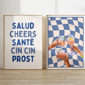 Set of 2 Blue Cocktail Print, Cheers Checkered Alcohol Print, Funky Bar Cart Art, Retro Salud Print, Aesthetic Kitchen Decor, Kitchen Prints