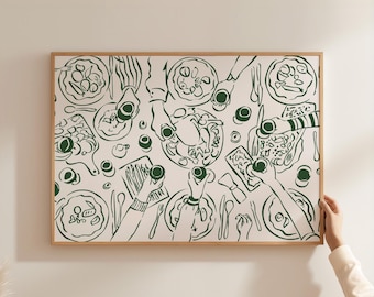Impresión de fiesta en la mesa del comedor, arte mural retro para la cocina, póster con ilustración de comida verde (descarga digital)