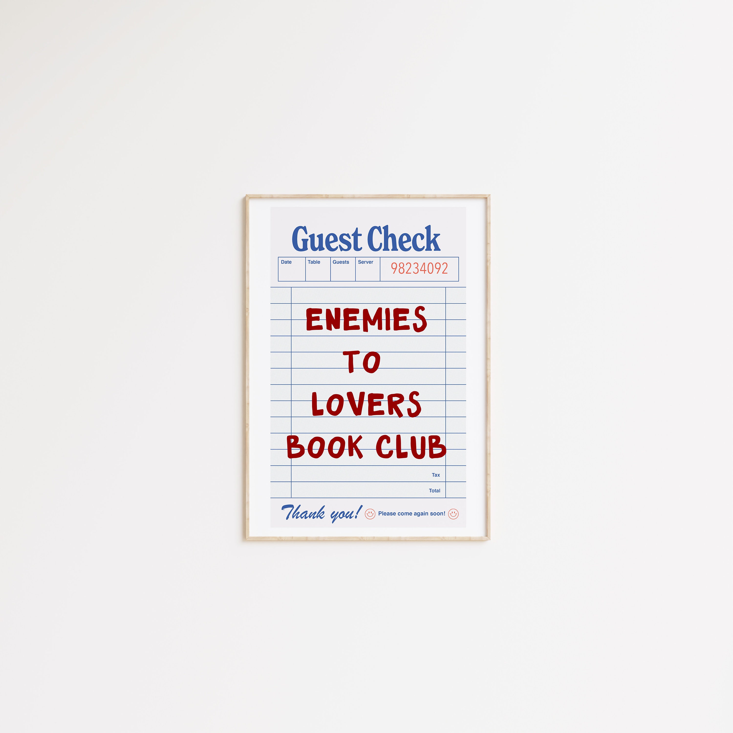 Enemies to Lovers Book Club Print, Retro Guest Check Wall Art (digital ...