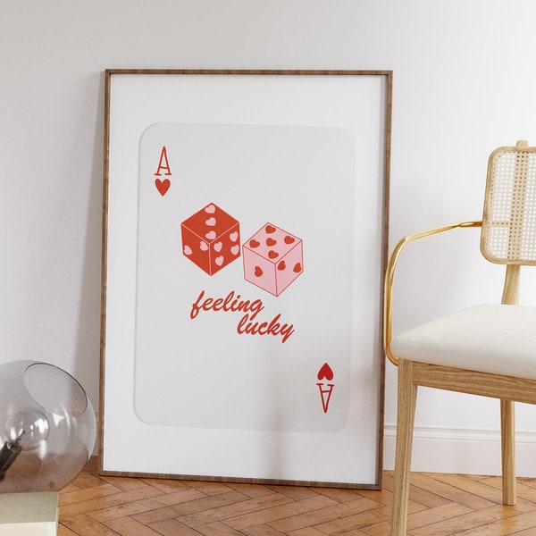 Red Lucky Dice Print, Ace of Hearts Print, Pink Dice Poster, Preppy Trendy Prints, Feeling Lucky Print, Retro Playing Cards Print