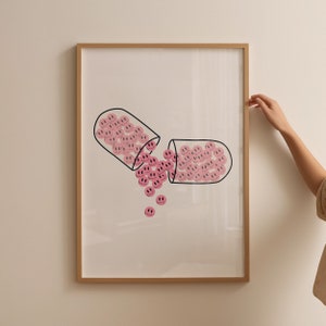 Trendy Funky Wandkunst, Pinke Happy Pills Poster, Schlafzimmer Dekor, Y2K Kunstdruck, Trendy Wandkunst, Trendy Smile Print, Girly Wand Kunst