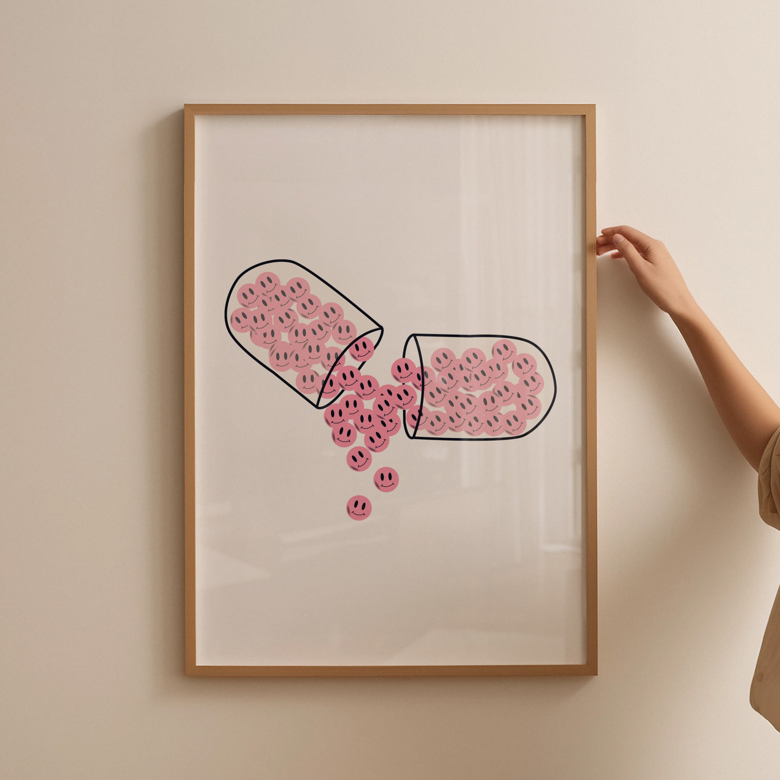 Trendy Funky Wall Art, Pink Happy Pills Posters, Dorm Room Decor, Y2k Art Prints, Trendy Wall Art, Trendy Smile Print, Girly Wall Art Prints