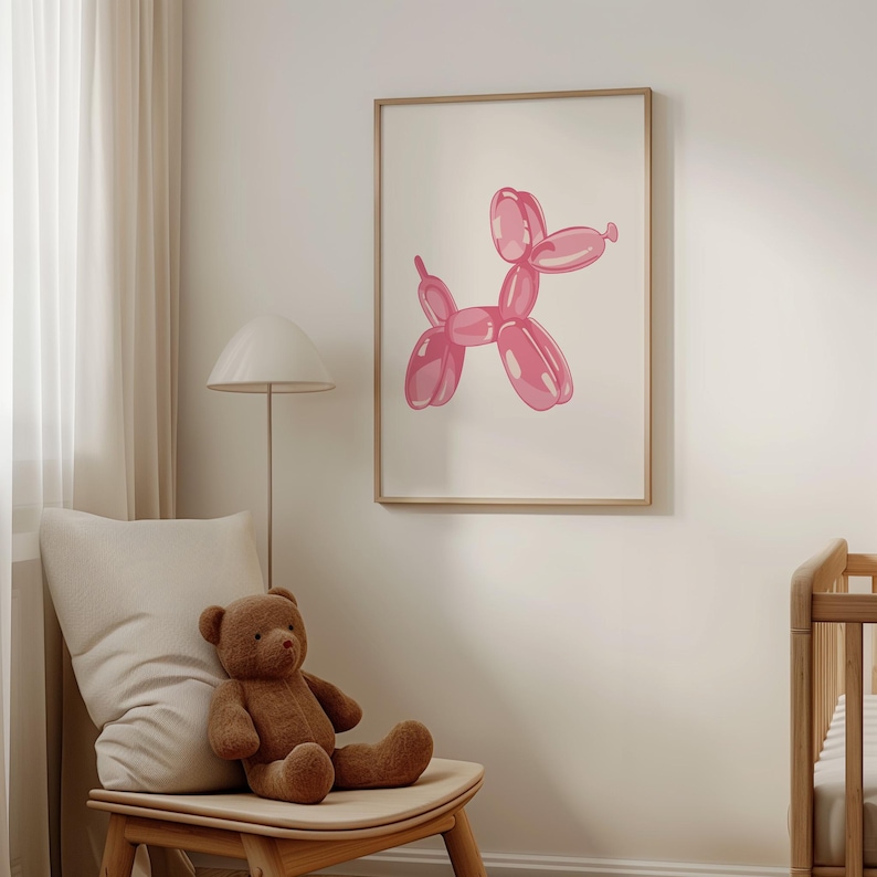 Impresión de perro con globo, arte de pared rosa preppy, impresión para amantes de los perros, póster de arte animal, arte de moda con estampado femenino, impresión de arte para guardería, impresión de animal con globo imagen 2