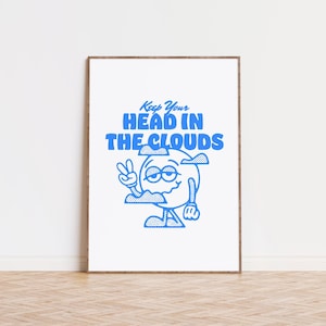 Retro cartoonkunstdruk: houd je hoofd in de wolken (digitale download)