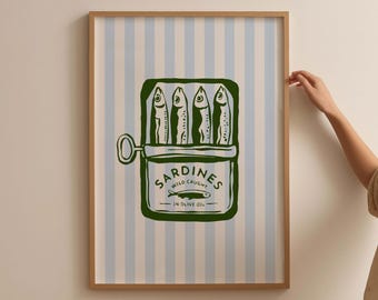 Retro Sardines Print: Green Kitchen Food Art (Digital Download)