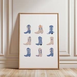 Blue Cowgirl Boots Set Print, Preppy Wall Poster, Cowgirl Trendy Wall Art, Western Bedroom Decor, Rodeo Cowgirl Print, Coastal Cowgirl Print