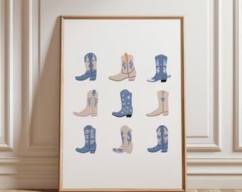 Blue Cowgirl Boots Print: Preppy Western Art (Digital Download)