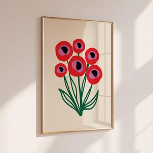 Retro Bunter Blumendruck, Funky gewellter Blumendruck, digitale Wandkunst, Retro Mohnblumen-Blumenplakat, minimalistischer Blumenstrauß