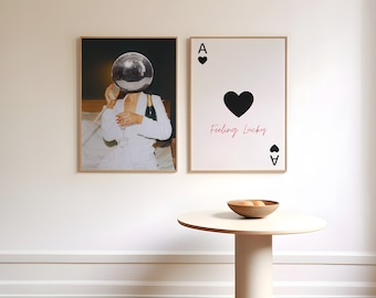 Set of 2 Retro Disco Ball & Playing Card Art Prints: Funky Dorm Decor (Digital Download)