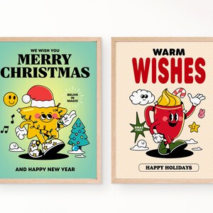 Peut inclure: Deux affiches de No&euml;l encadr&eacute;es. L'une pr&eacute;sente un personnage d'&eacute;toile jaune portant un chapeau de P&egrave;re No&euml;l, avec le texte "MERRY CHRISTMAS AND HAPPY NEW YEAR". L'autre montre un personnage de tasse rouge avec le texte "WARM WISHES" et "HAPPY HOLIDAYS".