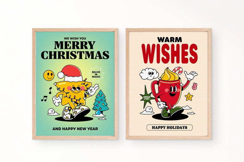 Peut inclure: Deux affiches de No&euml;l encadr&eacute;es. L'une pr&eacute;sente un personnage d'&eacute;toile jaune portant un chapeau de P&egrave;re No&euml;l, avec le texte "MERRY CHRISTMAS AND HAPPY NEW YEAR". L'autre montre un personnage de tasse rouge avec le texte "WARM WISHES" et "HAPPY HOLIDAYS".