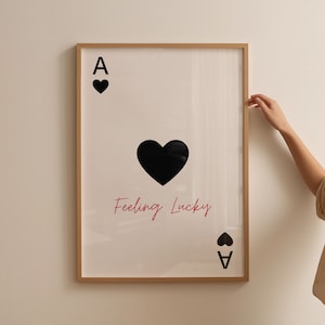 Impresión de la suerte del as de corazones de moda, cartel de sensación de suerte, impresión de cartas retro, impresión de naipes, arte de pared preppy, decoración de carrito de bar de moda