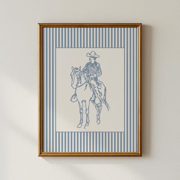 PRINTED Cowboy Sketch Wall Art, Trendy Striped Print, Light Blue Nursery Wall Art, Western Aesthetic Print, Vintage Horse Sketch