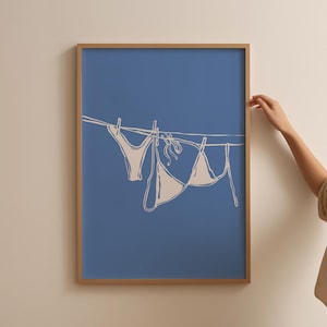 Bikini Hanging Poster Blue Bikini On Clothesline Print Bathing Suit Poster Aesthetic Dorm Room Print, Trendy Coastal Poster Laundry Room Art