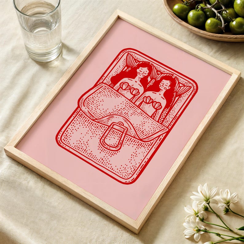 Mermaids Sardine Print, Kitchen Wall Art, Sardines Tin Print, Red and Pink Art, Dining Room Decor, Retro Food Art, Retro Kitchen Decor image 2