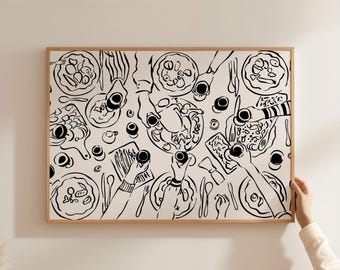 Impresión de fiesta en la mesa del comedor, arte mural retro para la cocina, póster con ilustración de comida neutra (descarga digital)