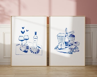 Blue Kitchen Prints Set: Food & Wine Wall Art (Digital Download)