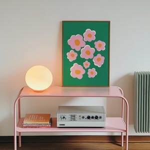 Retro Colorful Flower Print, Funky Wavy Flower Prints, Preppy Wall Art, Pink and Green Retro Flower Poster, Minimalist Girly Wall Art Print