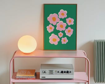 Retro Bunter Blumendruck, Funky gewellte Blumendrucke, adrette Wandkunst, rosa und grünes Retro Blumen-Plakat, minimalistische girly Wand-Kunst-Druck