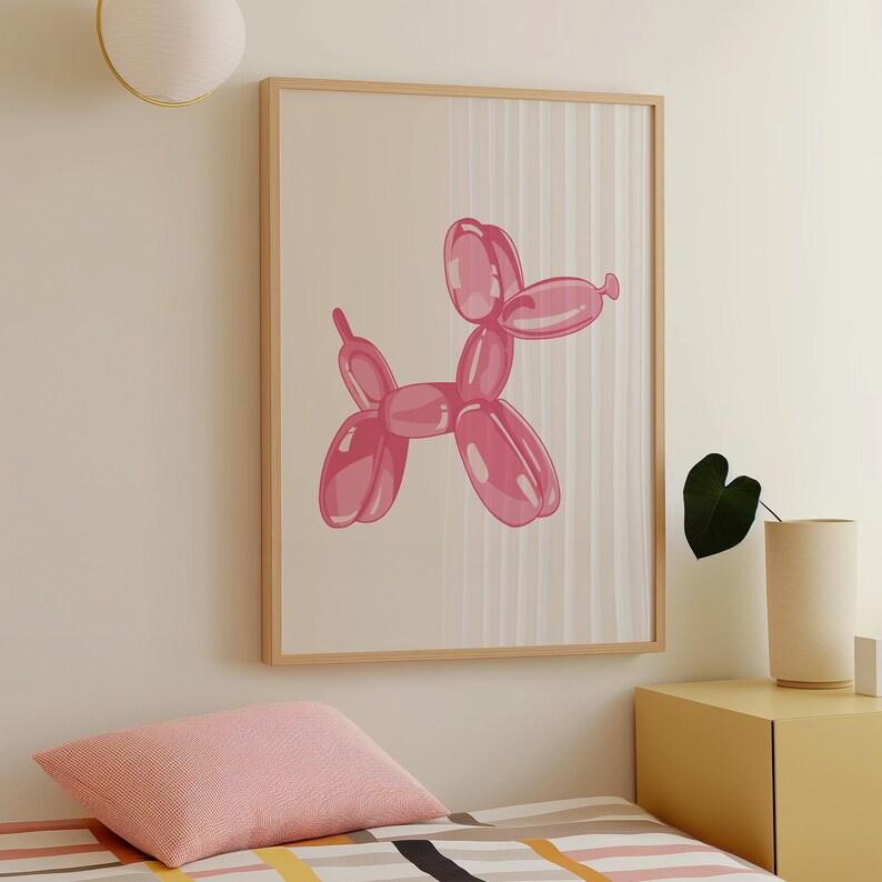 Impresión de perro con globo, arte de pared rosa preppy, impresión para amantes de los perros, póster de arte animal, arte de moda con estampado femenino, impresión de arte para guardería, impresión de animal con globo imagen 7