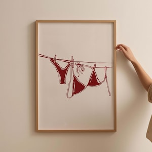 Bikini Hanging Poster Red Bikini On Clothesline Print Bathing Suit Poster Aesthetic Dorm Room Print, Trendy Coastal Poster Laundry Room Art