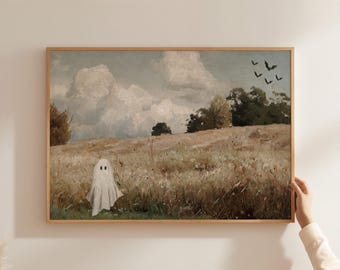 Ghost in Autumn Field Vintage Print, Cottagecore Halloween Poster, Farmhouse Halloween Decor, Ghost Wall Art, Digital Download