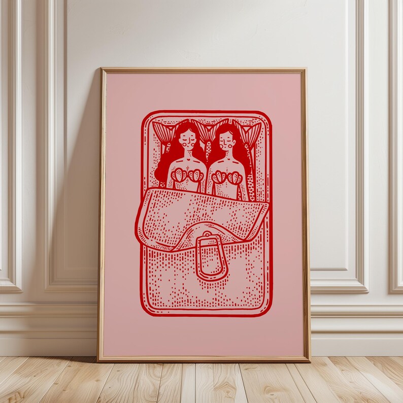 Mermaids Sardine Print, Kitchen Wall Art, Sardines Tin Print, Red and Pink Art, Dining Room Decor, Retro Food Art, Retro Kitchen Decor image 7