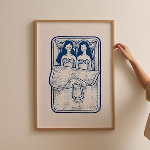 Blaue Meerjungfrau Sardine Print, Küche Wandkunst, Sardinen Zinn Druck, Rot und Rosa Kunst, Esszimmer Dekor, Retro Food Art, Retro Küche Dekor