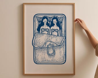 Blue Mermaids Sardine Tin Print: Retro Kitchen Art (Digital Download)