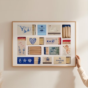 Vintage Matchbox Print, Blue Retro Matchbox Wall Art, Trendy Matches Poster, Estetyczny wydruk w akademiku, Coastal Apartment Matchbox Wall Art