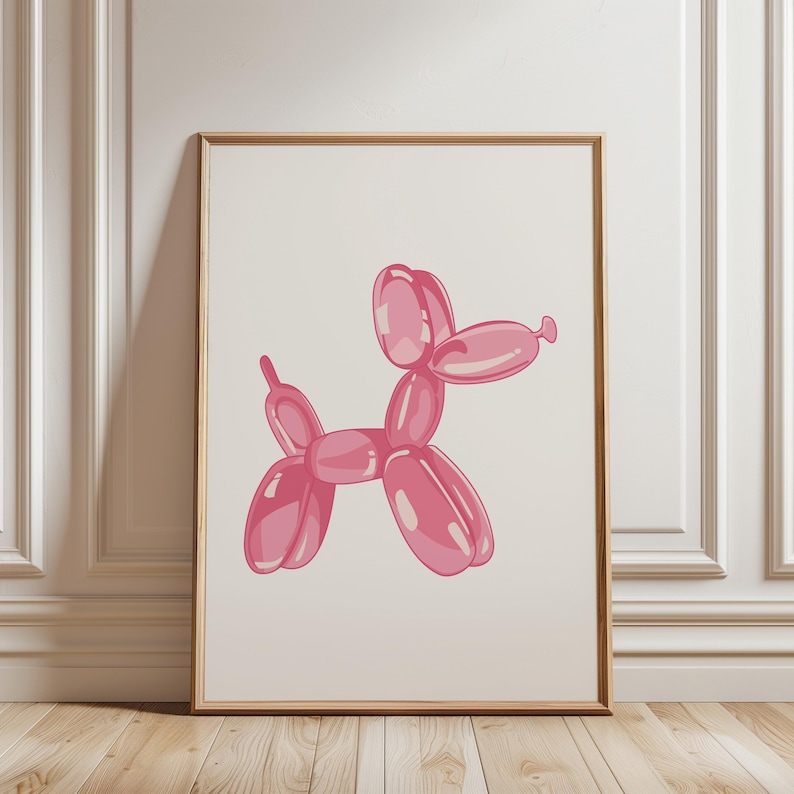 Impresión de perro con globo, arte de pared rosa preppy, impresión para amantes de los perros, póster de arte animal, arte de moda con estampado femenino, impresión de arte para guardería, impresión de animal con globo imagen 1