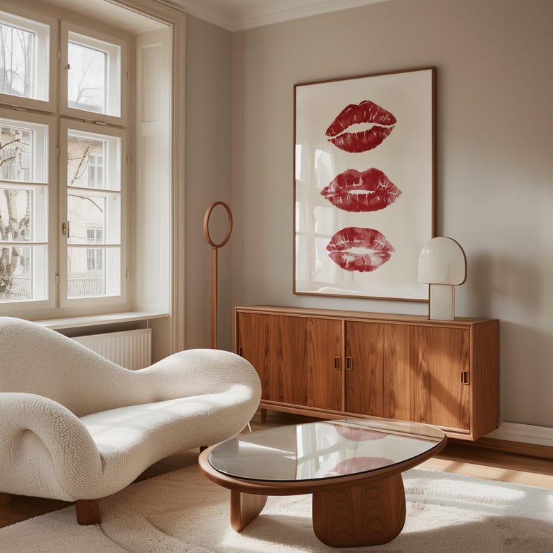 Puede incluir: Un sof&aacute; blanco con una mesa de caf&eacute; de madera delante. Un armario de madera con tres puertas est&aacute; detr&aacute;s del sof&aacute;. Una impresi&oacute;n enmarcada con tres labios rojos est&aacute; en la pared. Una l&aacute;mpara blanca con una pantalla redonda est&aacute; en el armario.