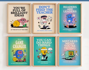30 Classroom Print Bundle, Motivational School Wall Prints, Retro Kids Poster, Playroom Decor, Digital Download