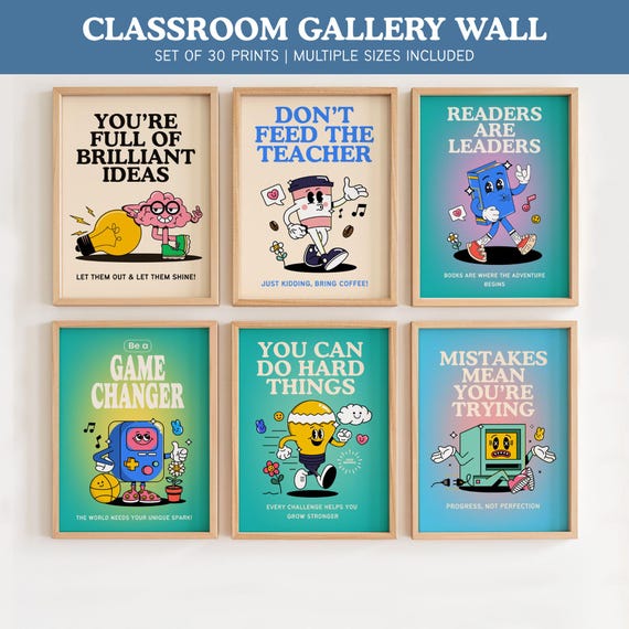 30 Classroom Print Bundle, Motivational School Wall Prints, Retro Kids Poster, Playroom Decor, Digital Download