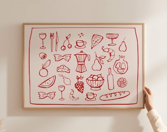 Lámina de cocina Dolce Vita: Ilustración de comida y bebida en rojo (Descarga digital)