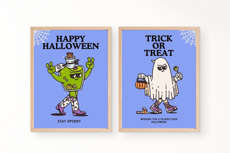 Peut inclure: Deux affiches encadr&eacute;es sur le th&egrave;me d'Halloween. L'une repr&eacute;sente une potion verte avec le texte "HAPPY HALLOWEEN" et "STAY SPOOKY". L'autre montre un fant&ocirc;me avec un bonbon et une citrouille, avec le texte "TRICK OR TREAT" et "WISHING YOU A FA-BOO-LOUS HALLOWEEN."