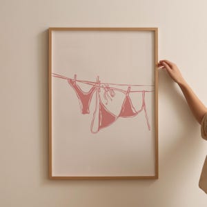 Bikini Hanging Poster Blue Bikini On Clothesline Print Bathing Suit Poster Aesthetic Dorm Room Print, Trendy Coastal Poster Laundry Room Art