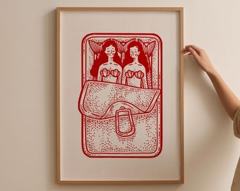 Mermaids Sardine Print, Kitchen Wall Art, Sardines Tin Print, Red and Pink Art, Dining Room Decor, Retro Food Art, Retro Kitchen Decor