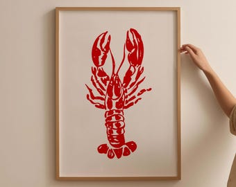 May include: A framed print of a red lobster illustration on a white background.