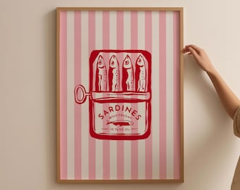 Retro Sardines Tin Print: Red Kitchen Wall Art (Digital Download)
